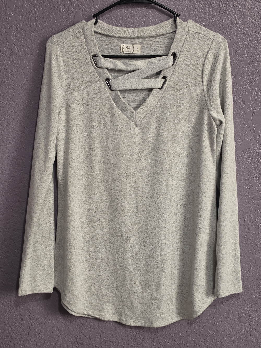 Maurices Light Gray Lace-Up V-Neck Long Sleeve Top